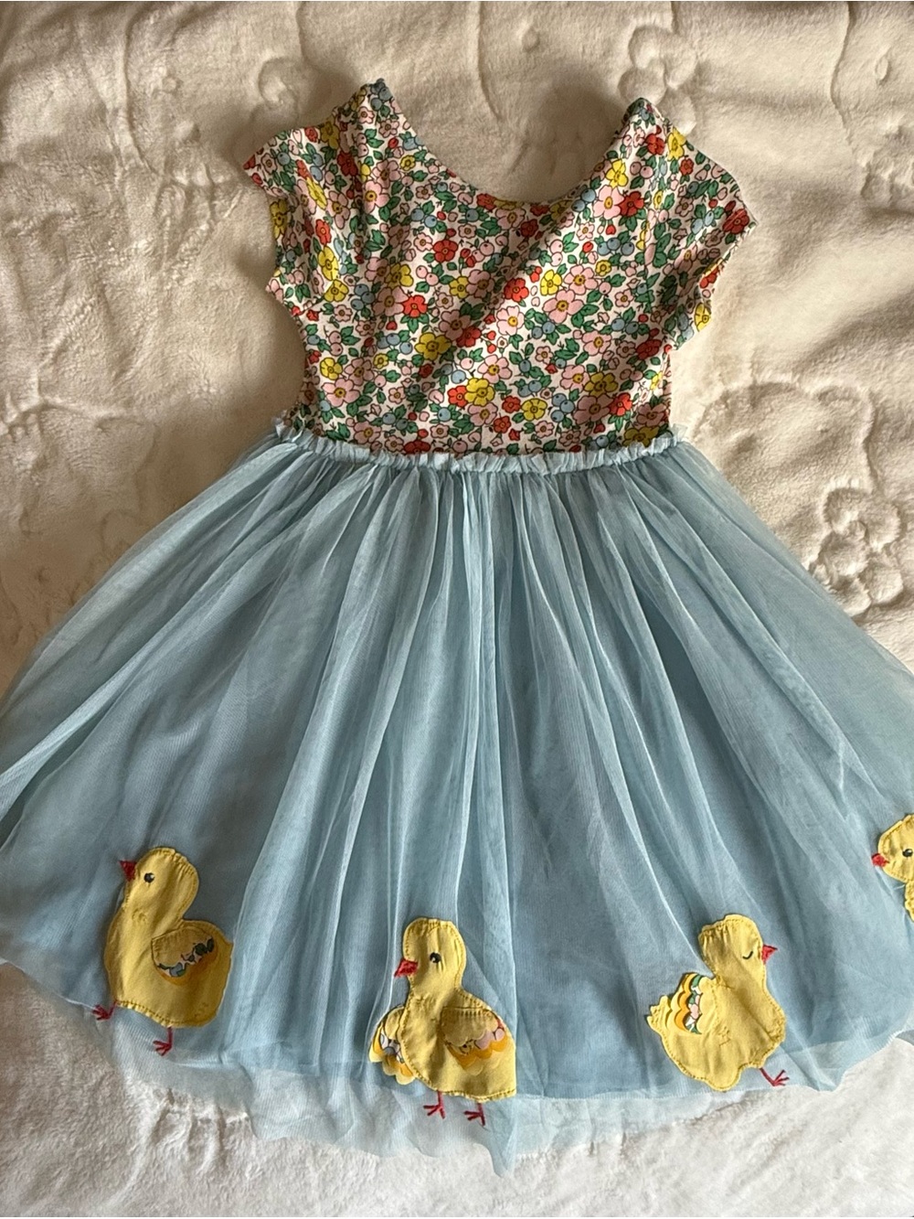 Mini Boden Children’s Dress - Floral Top with Light Blue Tulle and Chicks